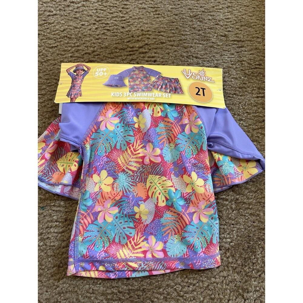 New UV Skinz Kids 3 Pc Swimwear Set Hat Rashguard Top and Swim Skirt Size 2T